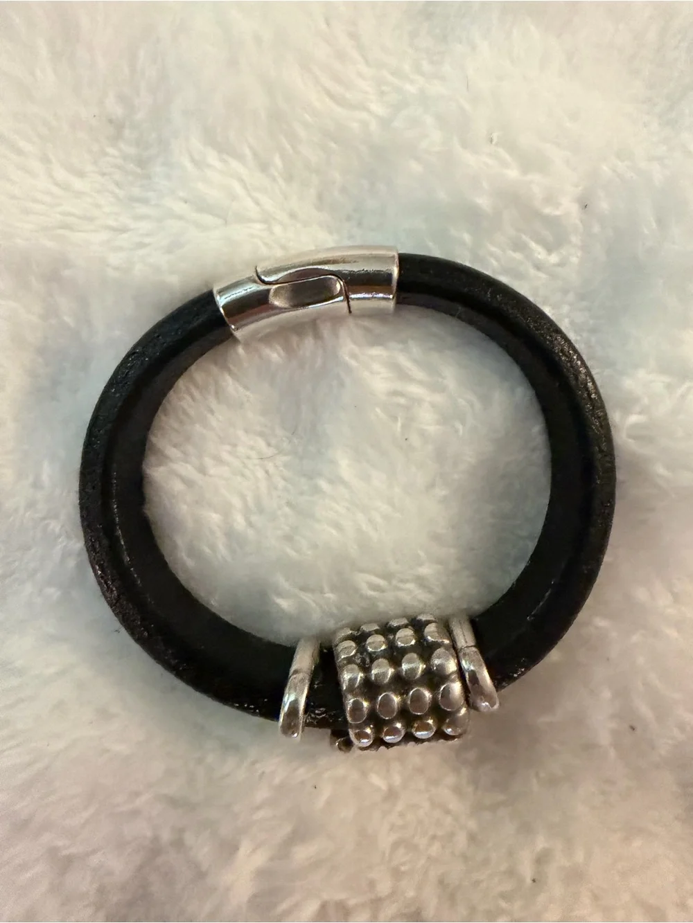 SUNDANCE Black Leather Bracelet with Silver Accents.